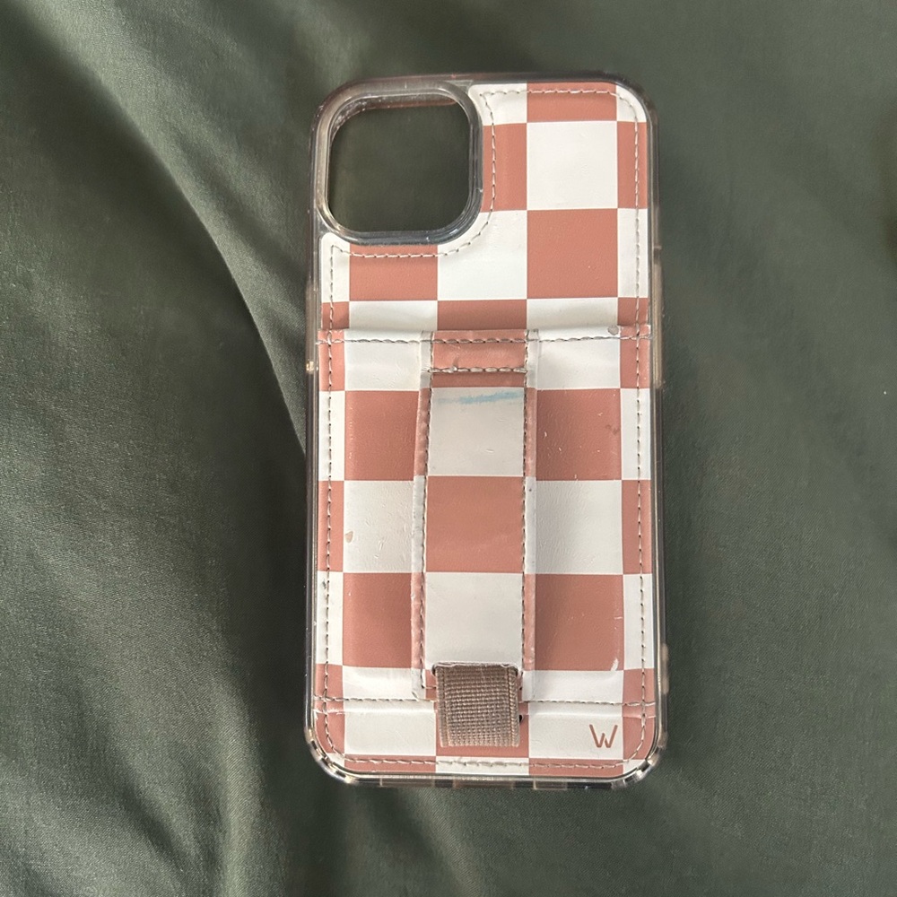 Checkered Phone Case with pocket- White and Tan